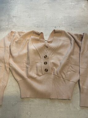 Zaful Beige V-Neck Button Crop Sweater